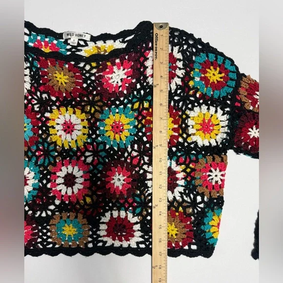 Wild Honey oversized bell sleeve Multicolor Crochet Knit cropped Sweater S - Picture 9 of 14